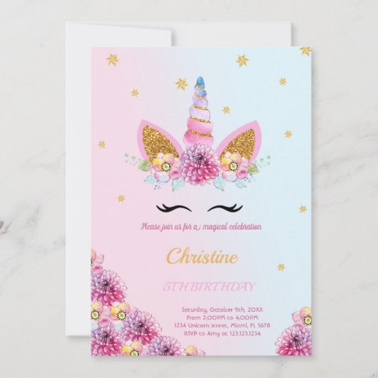 Purple Floral Unicorn invitation d'anniversaire (Devant)