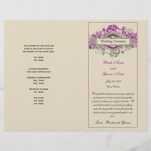 Purple Floral Vintage Wedding Programme (Devant)