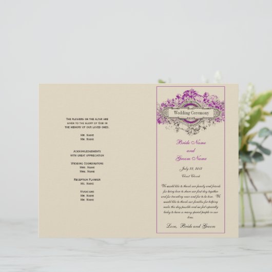Purple Floral Vintage Wedding Programme (Debout devant)