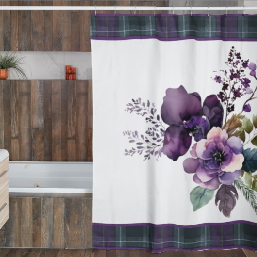 Purple Floral Violet & Vert Douche Plaid Rideau