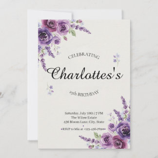 Purple Floral Watercolor Birthday Invitation