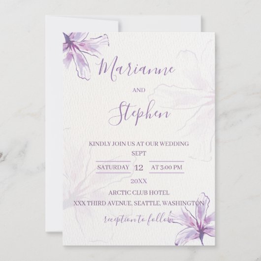 Purple Floral Watercolor Wedding Invitation (Devant)