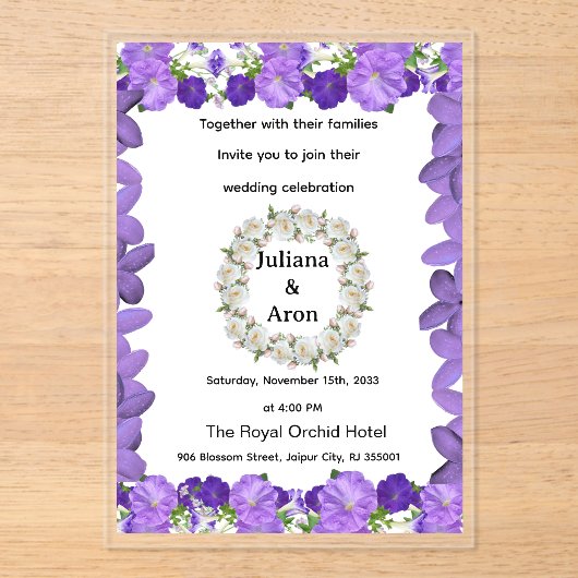 Purple Floral Wedding Invitation – Elegant Garden  Acryl Uitnodigingen (Voorkant)