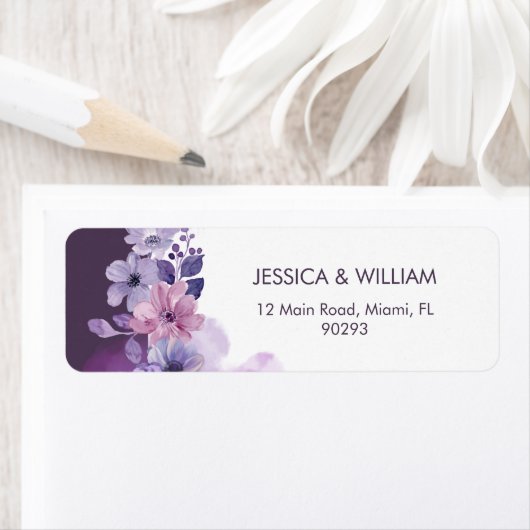 Purple Floral Wedding Return Address Label (Insitu)
