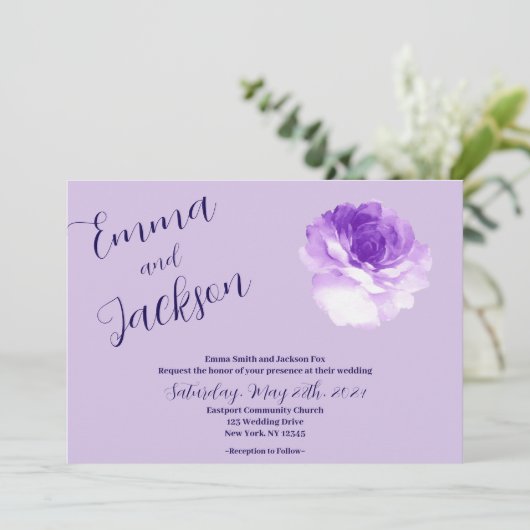 Purple Flower Script Wedding Invitation (Debout devant)