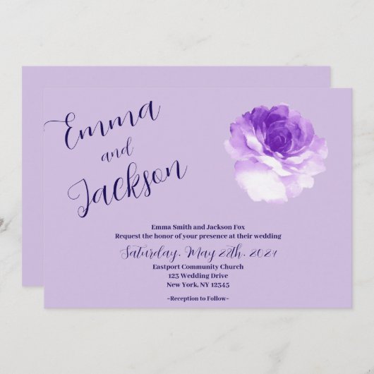 Purple Flower Script Wedding Invitation (Devant / Derrière)