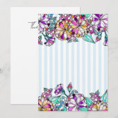 Purple flowers and light blue stripes bedankkaart (Voorkant / Achterkant)