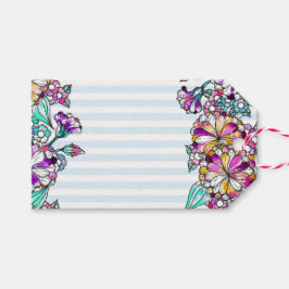Purple flowers and light blue stripes cadeaulabel