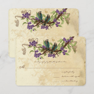 Purple Flowers Blauwgroen  Vogels Bruiloft RSVP Kaart