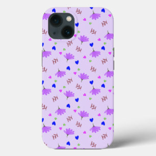 Purple Flowers Blue Hearts iPhone 13 Hoesje