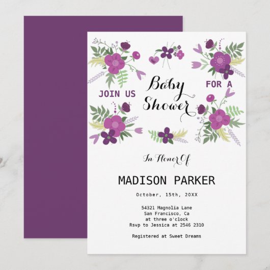 Purple Flowers Bouquet Invitation Kaart (Voorkant / Achterkant)