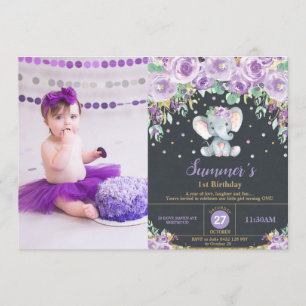 Purple Flowers Elephant 1st Birthday Girl Foto Kaart