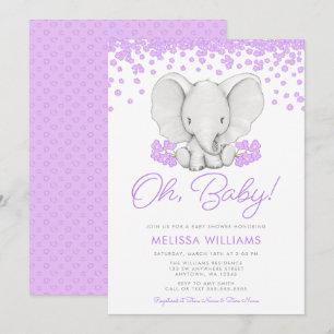 Purple Flowers Elephant Girl Baby shower nodigt ui Kaart
