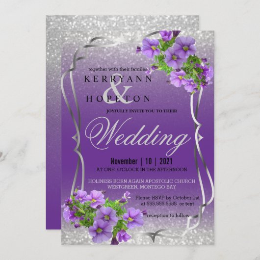 Purple Flowers en Silver Glitter Kaart (Voorkant / Achterkant)