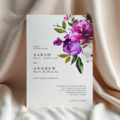 Purple Flowers & Greenery Leaves Modern Wedding Kaart