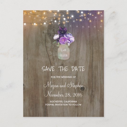 Purple Flowers Mason Jar Rustic Save the Date Aankondigingskaart (Voorkant)