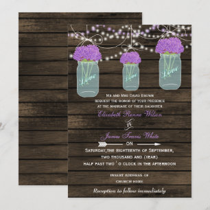 Purple Flowers Mason Jars Barn Wood Weddenschap Kaart