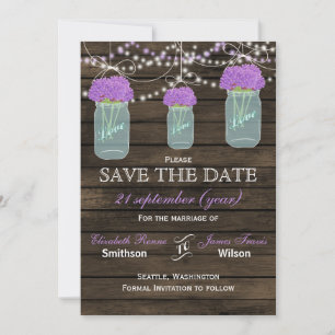 Purple Flowers Mason Jars Barn Wood Weddenschap Save The Date