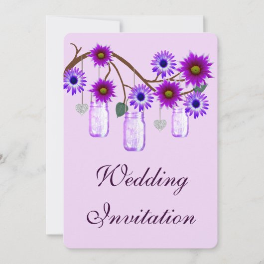 Purple Flowers Mason Jars Wedding Invitation Kaart (Voorkant)
