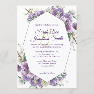 Purple Flowers met Lijst Wedding Invitation Kaart