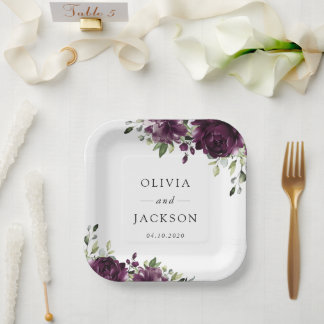 Purple Flowers, Plum Flowers, Boho, Floral Wedding Papieren Bordje