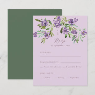 Purple Flowers Romantic Calligraphy Meal Choice RSVP Kaartje