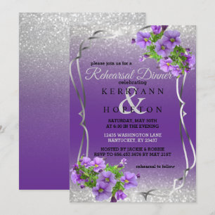 Purple Flowers & Silver Glitter - Rehearsal Dinner Kaart