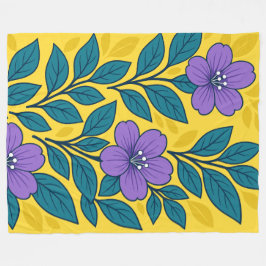 Purple Flowers & Teal Leaves on Yellow Background Fleece Deken