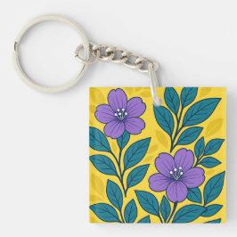 Purple Flowers & Teal Leaves on Yellow Background Sleutelhanger
