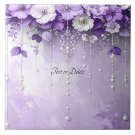 Purple Flowers with Dangling Pearls Ceramic Tile Tegeltje