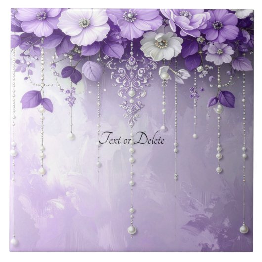 Purple Flowers with Dangling Pearls Ceramic Tile Tegeltje (Voorkant)