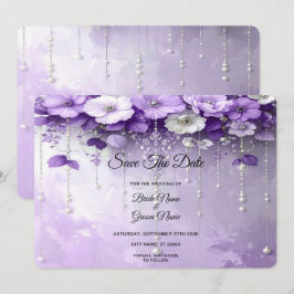 Purple Flowers with Dangling Pearls Save The Date