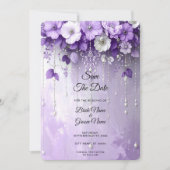 Purple Flowers with Dangling Pearls Save The Date (Devant)