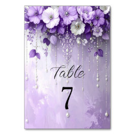 Purple Flowers with Dangling Pearls Table Number Kaart
