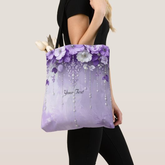 Purple Flowers with Dangling Pearls Tote Bag (De près)
