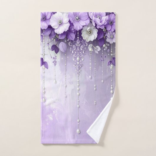 Purple Flowers with Dangling Pearls Towel Set (Serviette à main)