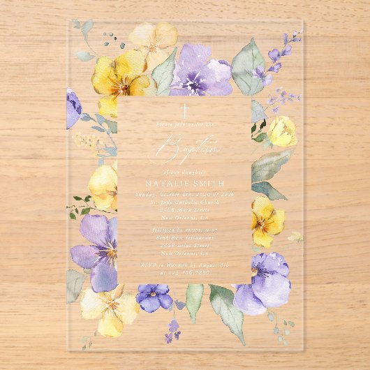 Purple Flowers, Yellow Flowers, Boho, Baptism Acryl Uitnodigingen (Voorkant)