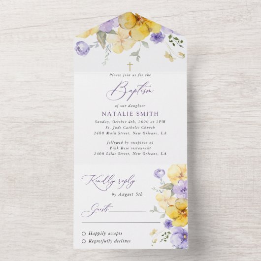 Purple Flowers, Yellow Flowers, Boho, Baptism All In One Uitnodiging (Binnen)