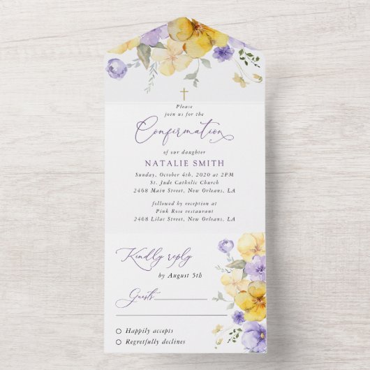 Purple Flowers, Yellow Flowers, Boho, Confirmation All In One Uitnodiging (Binnen)