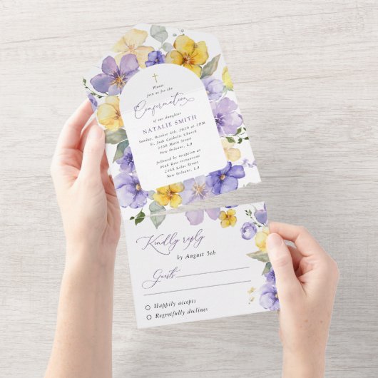 Purple Flowers, Yellow Flowers, Boho, Confirmation All In One Uitnodiging (Afscheurbaar)