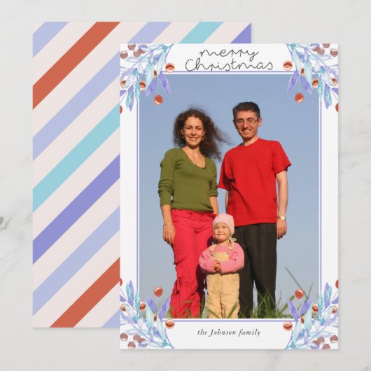 Purple Foliing Holly Berries Photo Carte de Noël (Devant / Derrière)