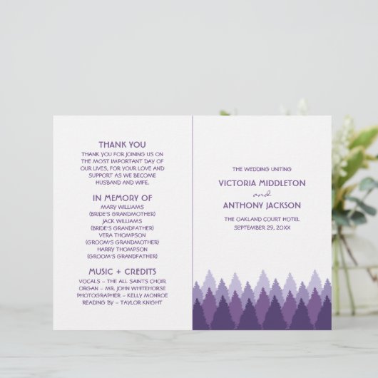 Purple Forest Range Woodland Wedding Programme (Debout devant)