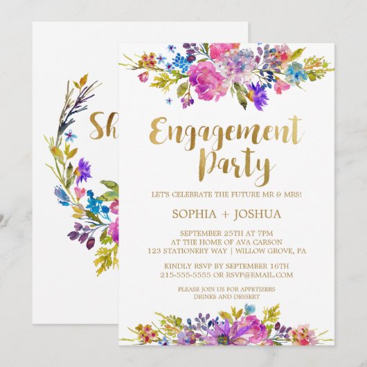 Purple Garden Gold Engagement Party Invitation (Devant / Derrière)