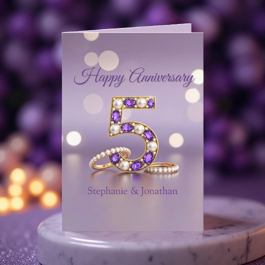 Purple Gemstone and Pearls 5th Wedding Anniversary Kaart