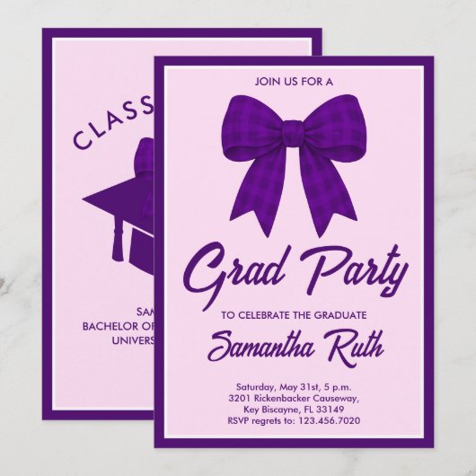 Purple Gingham Bow Graduation Party Kaart (Voorkant / Achterkant)