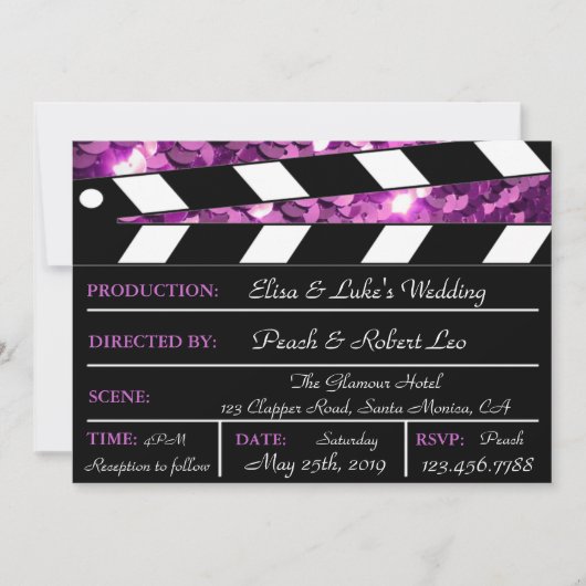 Purple Glamor Clapper Board Mariage Invitation (Devant)