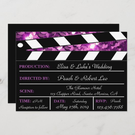 Purple Glamor Clapper Board Mariage Invitation (Devant / Derrière)