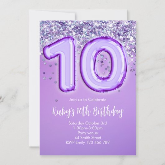 Purple Glitter 10th Birthday Invitation (Devant)
