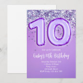 Purple Glitter 10th Birthday Invitation (Devant / Derrière)
