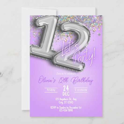 Purple Glitter 12th Birthday Invitation (Devant)